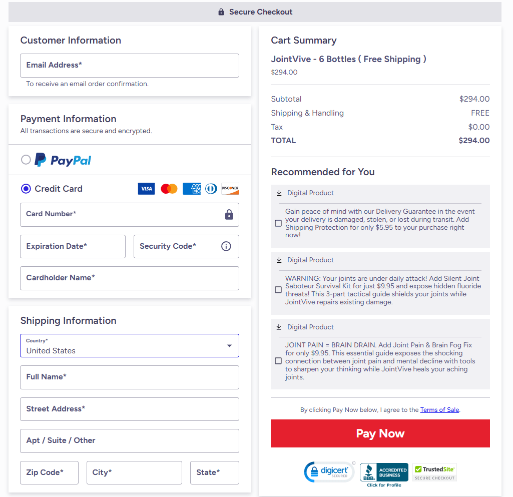 JointVive order checkout page